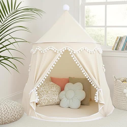 Kids Play Tent - Breathable Cotton & Hemp Teepee Tent for Boys & Girls, Sturdy Children’s Play Tent with Star Light,Fiberglass Poles,Carry Bag Gift for Kids(Beige Castle)