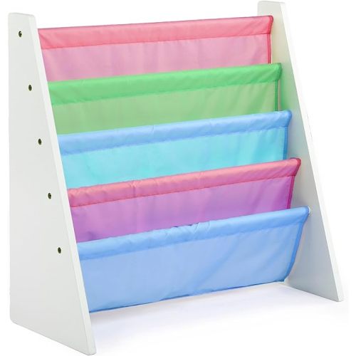 Humble Crew 4-Tier Kids Bookshelf, White Wood/Pastels - Premium Book Shelf for Kids Rooms with Four Deep Pockets - Toddler Sling Book Rack with Deep Sleeves, Nursery Bookcase Organizer