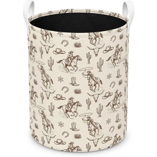 Western Laundry Basket, Cowboy Gifts for Women Men, Retro Western Cowboy Horse Waterproof Laundry Hamper Clothes Toys Storage Organizer Bin for Bathroom Bedroom