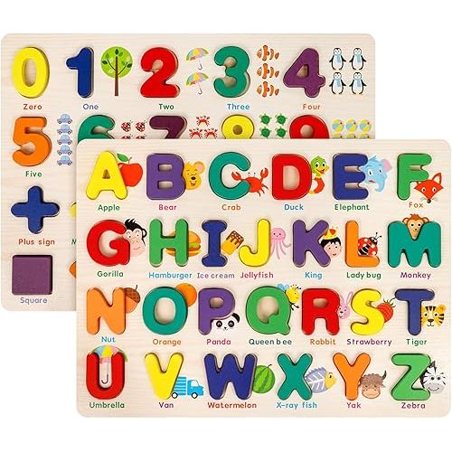 Attmu Alphabet Number Puzzle Wooden Puzzles for Toddlers 3 4 5 Year Old, ABC Puzzle Shape Alphabet Learning Puzzles Toys with Puzzle Board & Letter Blocks Preschool Educational for Girls Boys Set of 2
