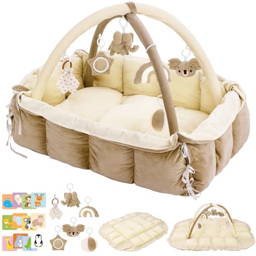 5-in-1 Baby Play Gym and Tummy Time Mat, 12 Learning Cards, Plush Activity Mat with 6 Toys, Baby Gym, Convertible to Ball Pit, Baby Gift, Cream