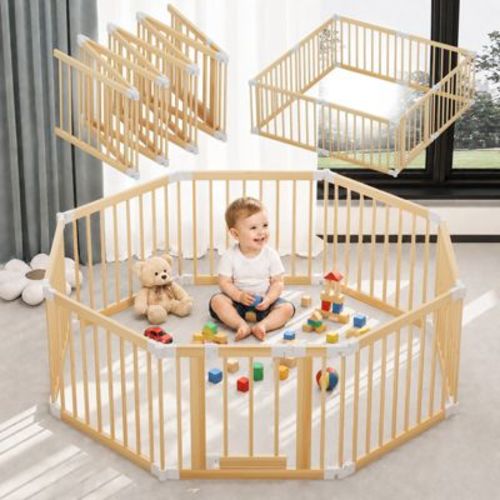 Foldable Wooden Baby Playpen, Adjustable Multi-Shape Baby Play Yard with Child-Proof Lock, Portable Wood Fence - Easy Assembly, 50 x 50 x 23.6 inches