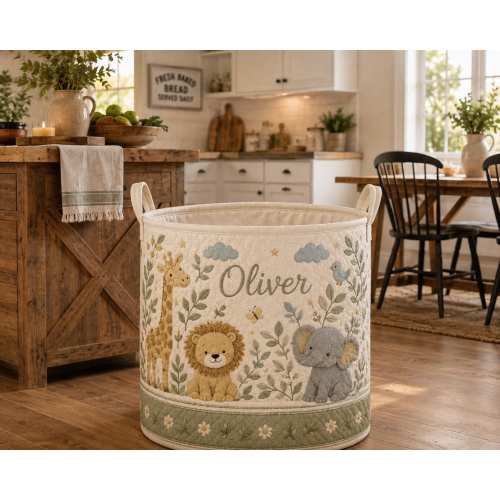 Personalized Baby Animal Laundry Basket, Quilted Elephant Lion Nursery Hamper, Cute Blanket & Toy Storage