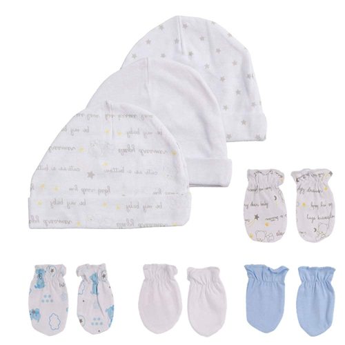 Chamie Newborn Cotton Hats Mittens Set Beanie Cap Non Scratch Gloves for Baby Boys Girls