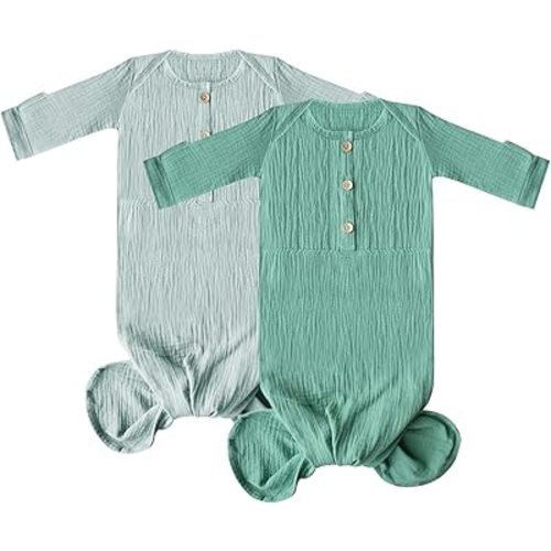 Muslin Organic Cotton Knotted Baby Gown - Soft and Stylish Sleepwear for baby outfits Newborns 0-3 months 2PACK