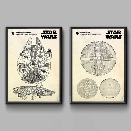 Death Star & Millennium Falcon Schematic Wall Art, Star Wars Decor, Geek Gift, Diagram Sci-Fi Movie Blueprint Poster. Set of 2 Prints