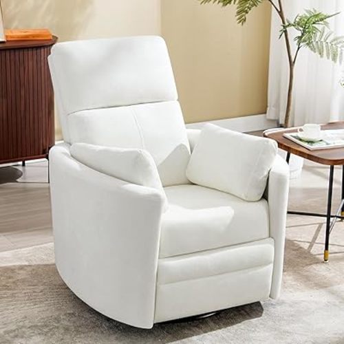 Manual Recliner 360°Swivel Rocking Chair,Nursery Rocking Glider Chair for Mom Upholstered Adult Rocker Chair with 2 Pillows for Living Room Bedroom Nursery(White, Manual Operation)