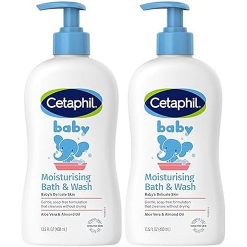 Cetaphil Baby Moisturising Bath & Wash 400mL, Gentle Bath Cleanser with Aloe Vera & Almond Oil, pH Balanced, Tear-Free, Soap-Free, Hypoallergenic, Dermatologist Tested, Pack of 2