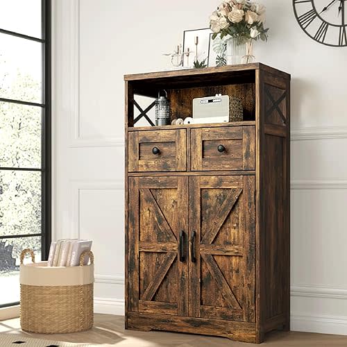 Farmhouse Storage Cabinet with Drawers and Shelves, Kitchen Pantry Storage Cabinet, Floor Hutch Cupboard for Dining Living Room Home Office, Rustic Brown