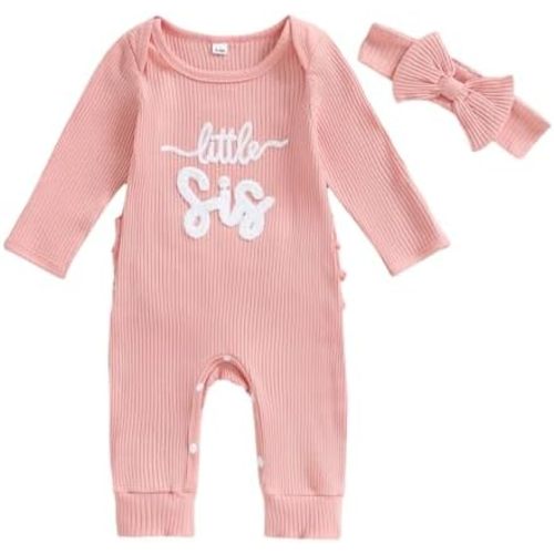 Tsnbre Baby Girl Clothes Fall Little Sister Newborn Outfit Striped Ribbed Knit Romper Long Sleeve Jumpsuit with Headband