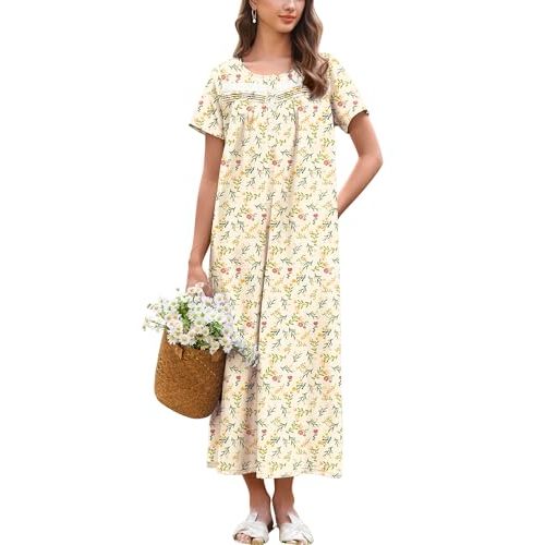 Ekouaer Nightgown for Women Cotton Long Night Gown Short Sleeve Nightdress with Pockets Button Sleepshirt Soft Sleepwear