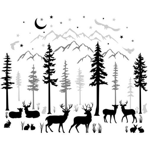 Mountain Wall Stickers Forest Deer Pine Trees Wall Decal Woodland Peel and Stick Vinyl Wall Art Decals TV Wall Decor for Baby Nursery Kids Playroom Bedroom Living Room