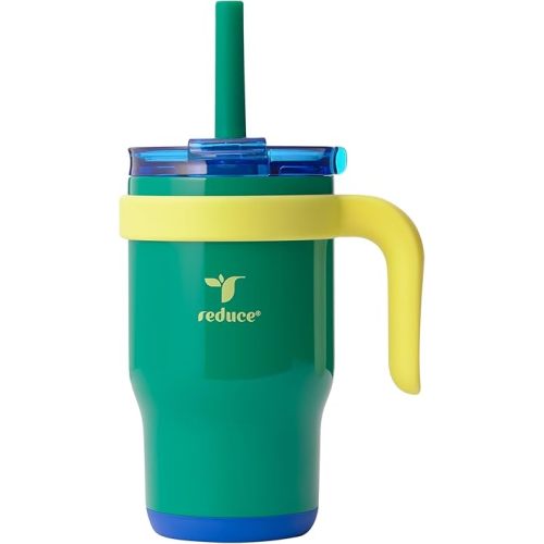 REDUCE 14 Oz Coldee Kids Tumbler with Lid and Straw - Coldee Insulated Travel Mug - Spill-Proof, Sweatproof Stainless Steel, BPA-Free - Includes Handle, Reusable Silicone Straw - Camp Green