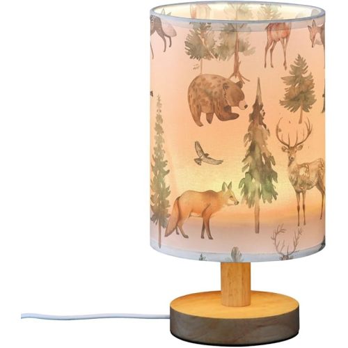 Table Lamp Watercolor Animal Forest Tree Deer Fox Bear Nightstand Lamp with Wood Base Fabric Lamp Shade Bedside Desk Lamp for Living Room Bedroom Kids Room Office