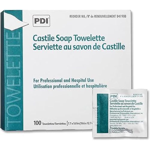 PDI Castile Soap Towelette - Premoistened Facial Cleansing Wipe with Coconut Oil, Great for Travel - Individual Packet, 7.7 in. x 5in., 100 Count, 3 Packs, 300 Total