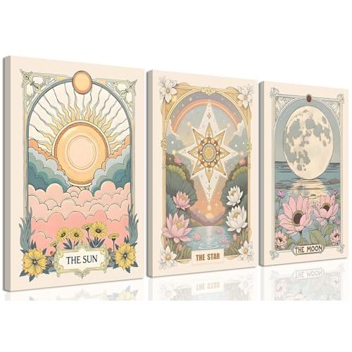 3Pcs Sun Moon And Star Celestial Canvas Wall Art Vintage Tarot Astrology Wall Decor Sun Flower and Full Moon Lotus Rainbow Poster Prints Picture for Bthroom Bedroom Living Room 16x24 inch Framed