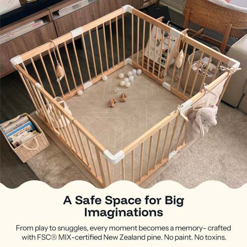 HARPPA Wooden Baby Gate Playpen | Non-Toxic Foldable DIY Adjustable Play Yard for Infants & Toddlers – Natural Finish Baby Fence for Small & Large Spaces