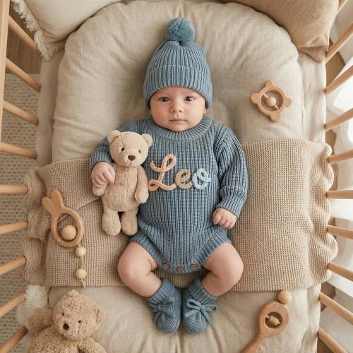 Personalized Baby Romper Set with Hand Knit Name | Custom Newborn Coming Home Outfit for baby boy| 4 Piece Baby Gift Set
