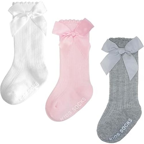 Baby Knee High Socks Girl Non Slip Toddler Stockings Cotton Bow Ruffle Newborn Long Socks Infant Dress Sock 0-6M/6-12M/1-3Y