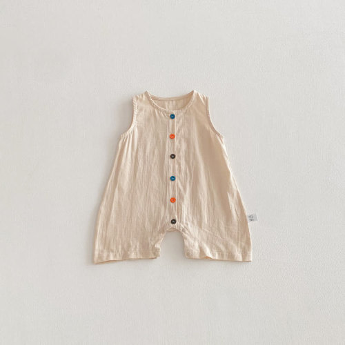 Baby Solid Color Airy Cotton Gauze Button Front Sleeveless Romper