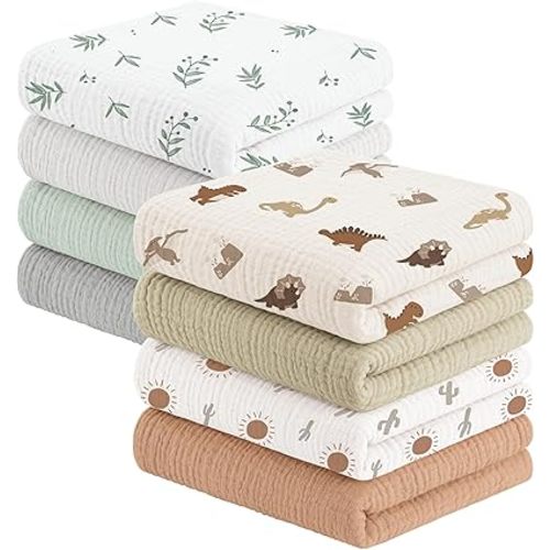 Susurration Muslin Baby Washcloths 23x23inch, Large Ultra-Absorbent 100% Cotton Baby Bath Wash Cloth Burp Cloth Soft Breathable Face Towel for Newborn Baby Boy and Girl, 8Pack (Jurassic)