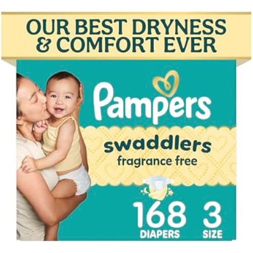 Pampers Swaddlers Diapers, Size 3 (13-26 lbs), 168 Count, Fragrance Free, Hypoallergenic, Absorbent, Pediatrician Recommended, Skin Safe