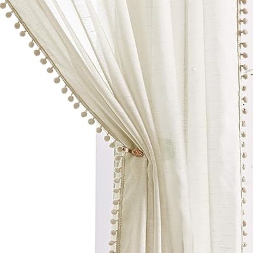 Treatmentex Pompom Linen Sheer Curtains for Living Room 84inches Long Decorative Natural Window Curtain Draperies for Kids Bedroom Slub Textured Voile 52" W, 1 Pair, Beige