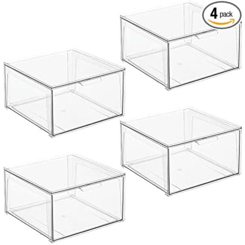 mDesign Plastic Stackable Closet Storage Organizer Bin Containers with Front Pull Drawer for Cabinet, Desk, Shelf, Cupboard, or Dresser Organization - Lumiere Collection - 4 Pack - Clear