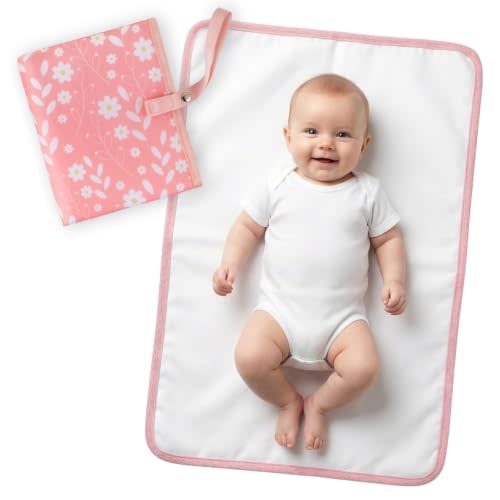 Portable Diaper Changing Pad, Waterproof Baby Changing Mat with Wrist Strap | Wipeable Compact Travel Changing Pad for Diaper Bag - Gifts for Baby Shower by PHOEBUS BABY(Pink Flowers)