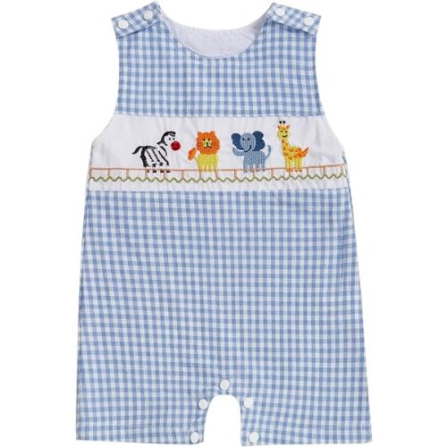 Karuedoo Newborn Baby Boy Summer Clothes Animal Embroidery Plaid Sleeveless Romper Jumpsuit Overall Bodysuit One-Piece Outfit