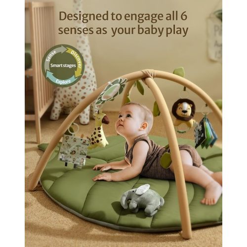 Blissful Diary Baby Play Gym & Activity Mat, Oversize Leaf Shaped Baby Play Mat w 6 Detachable Toys, Tummy Time Mat Promote Motor Skills & Sensory Development Mat, Newborn Infant Baby Essentials Gift