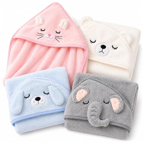 4-Pack Hooded Baby Towels, Premium Soft & Ultra Absorbent Bath Towel for Newborn, Infant, Toddler - Essential for Boys and Girls (Pink+White+Blue+Gray-4pack)