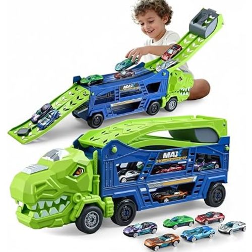 Dinosaur Truck Toys for Kids 3-5 - Transporter Carrier Truck with 6 Die-Cast Cars Toys, 3 in 1 Truck with 2 Foldable Race Tracks, Christmas Birthday Gifts Toys for 3 4 5 6 Years Old Boys(Jungle Blue)