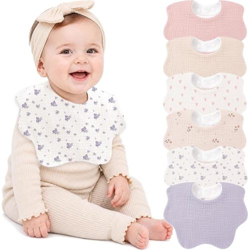 Bearmoss Muslin Baby Bibs for Drooling & Teething Cotton Drool Bib 6 Pack | Soft Absorbent Adjustable Bibs for Unisex Boys and Girls,Easy to Clean for Infant,Toddler, Newborn,Wider design,0-36 Months