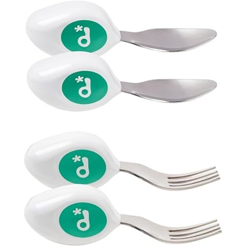 doddl Toddler Utensils, Ergonomic Fork and Spoon Set for Self Feeding, Stainless Steel Silverware for 1-3 Year Olds, BPA Free, Dishwasher Safe (Aqua (Twin Pack))