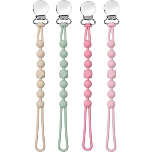 Pacifier Clip for Boys Girls - MORIBOX Silicone Paci Clip Teething Relief with One Piece Neutral Baby Binky Holder for Shower Birthday Gift 4 Pack