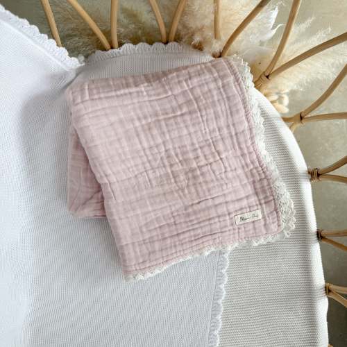 Heritage Muslin Blanket - Peony with Lace Trim