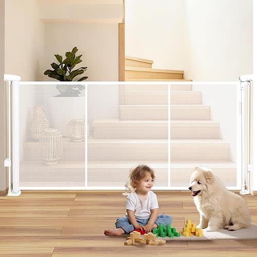 55" Retractable Baby Gate Extra Wide, 41" Tall Retractable Dog Gate for Stairs, Doorways, Decks, Mesh Gate Long Child Gate Pet Gate for Indoor, Outdoor, with Reinforced Mesh Rods, Dual Locks