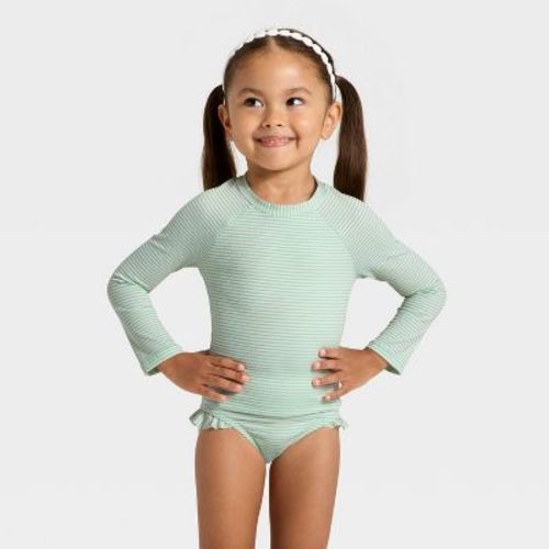 Infant Girls' Long Sleeve Two Piece Ribbed Rash Guard Swimsuit Set - Cat & Jack™ Aqua 18M