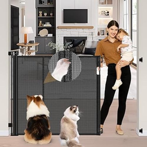 Reinforced 42" Tall Pet Gate 55" Wide Retractable Baby Gate, Indoor/Outdoor