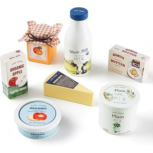 Tiny Land Wooden Dairy & Drinks Set – 7-Piece Pretend Food Toy with Milk, Juice & Cheese – Fun Wooden Play Kitchen Accessory for Toddlers & Kids Ages 3+