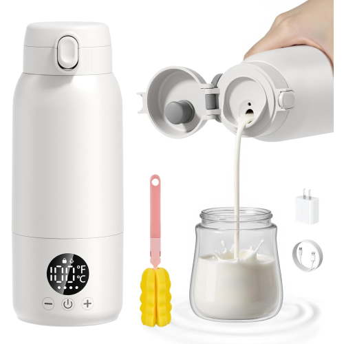 Portable Bottle Warmer for Baby – Fast Heating Milk Warmer for Travel, Breast Milk & Formula, 17oz Leak-Proof Stainless Steel, IPX6 Waterproof, Rechargeable with Long Battery Life with Cleaning Brush