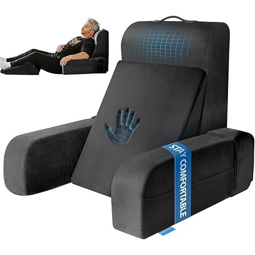 Kayfia Reading Pillow, 10 in 1 Back Pillow for Bed Sitting up with Detachable Arms Rest, Back Rest with Gel Memory Foam, Reading/Gaming/Working in Bed or Couch 21'', Black