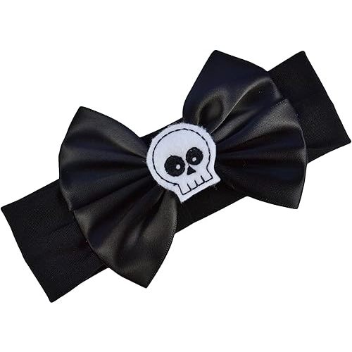 Funny Girl Designs Satin Bow and Felt Skull Baby Headband From Fits Newborn to 12 Months (Black Bow with White Skull)