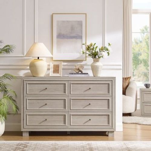6 Drawer Dresser for Bedroom, 52" Mid-Century Modern Wood Chest of Drawers with Metal Handles, Storage Organizer Cabinet for Living Room, White
