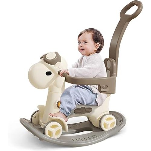 4 in 1 Rocking Horse for Toddlers 1-3 Years Old, Baby Rocking Toy Fun Birthday Gift for 1+ Kids, Ride on Toy with Guard Rails, Detachable Balance Board and Footrest，Balance Bike with Push Handle