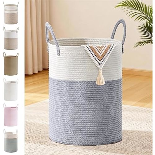 Tall Laundry Basket with Handles, 58L Portable Dirty Clothes Hamper, Boho Cotton Rope Storage Bin for Blankets Kids Toys Gifts, Decorative Organizer for Baby Nursery Bedroom Bathroom, Grey