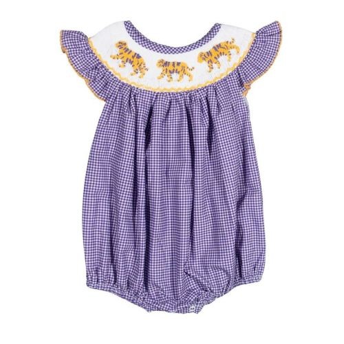 Girls Purple Tiger Smocked Bubble – LSU-Inspired Baby Girl Game Day Bubble | The Prissy Pelican Boutique Bossier City, LA