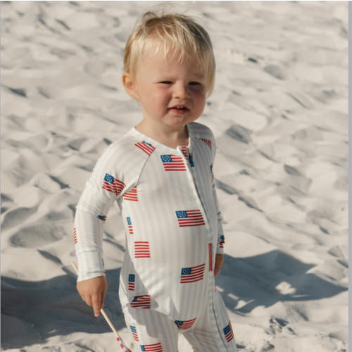 All American Bamboo Zipper Romper | 4th of July Baby Pajamas | In My Jammers. Size: 0-3 months