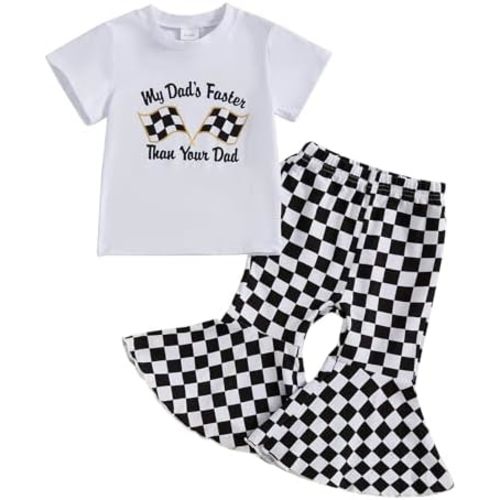 Toddler Baby Girl Summer Clothes Race Car Short Sleeve Letters T-Shirt Checkerboard Flared Pants Set Racing Outfit